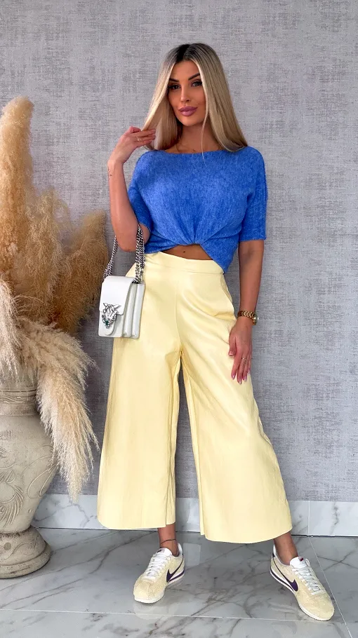 Skórzane spodnie KULOTY z kieszeniami PASTELOWY ŻÓŁTY - R587A