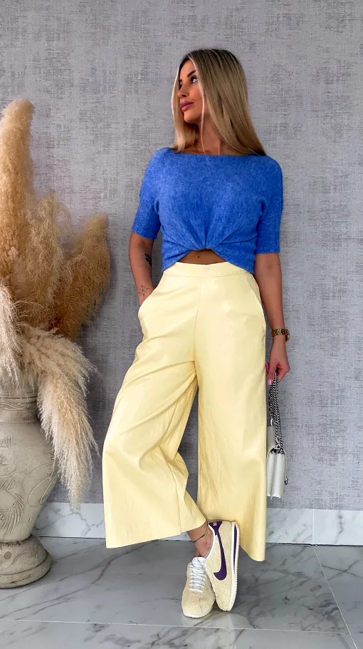 Skórzane spodnie KULOTY z kieszeniami PASTELOWY ŻÓŁTY - R587A