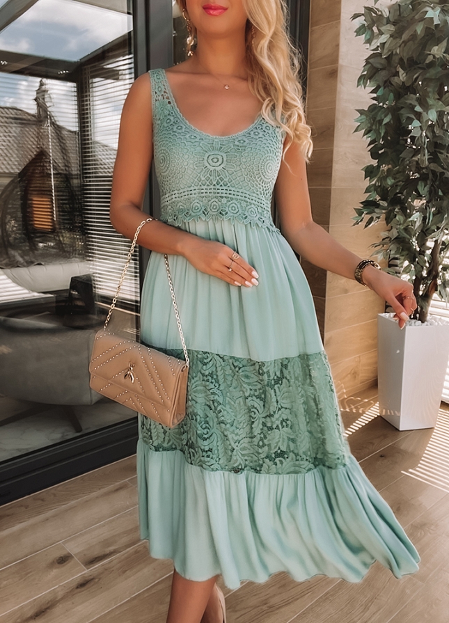 Maxi sukienka BOHO koronka ODCIEŃ ZIELENI - K388C