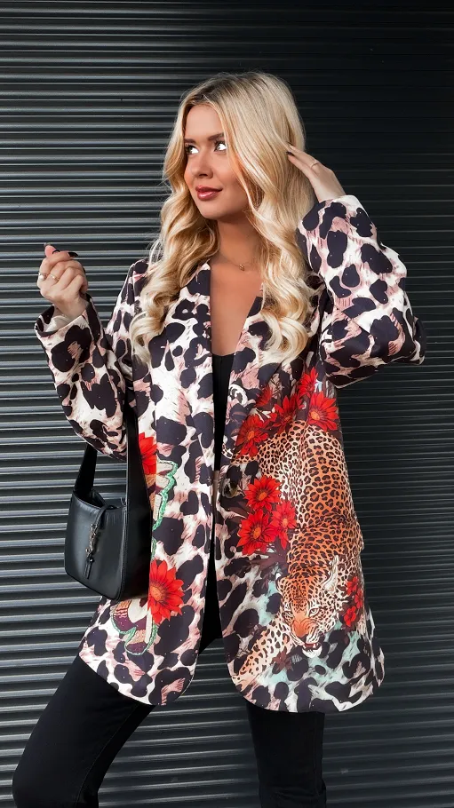 Zamszowa marynarka OVERSIZE z panterą ONE SIZE - R189