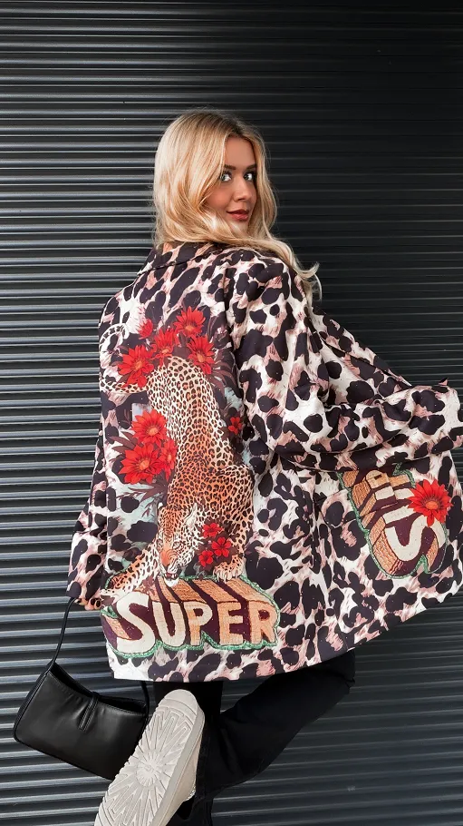 Zamszowa marynarka OVERSIZE z panterą ONE SIZE - R189