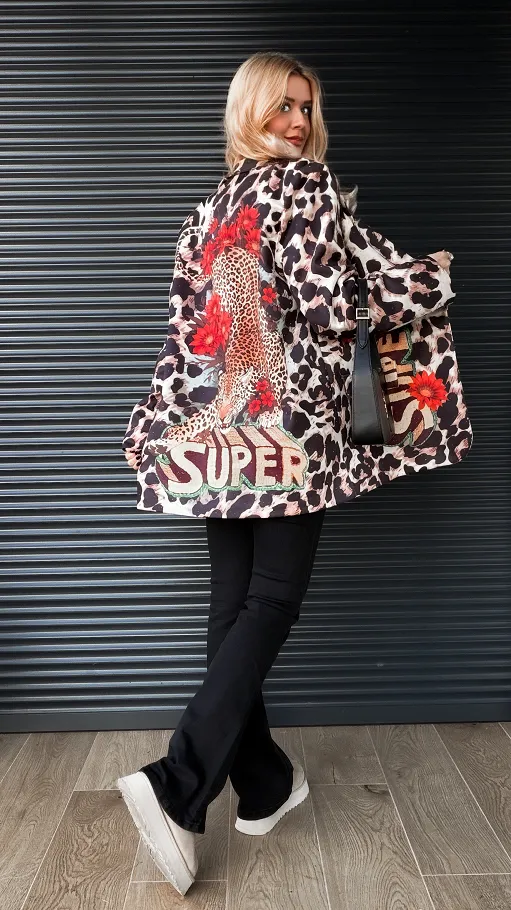 Zamszowa marynarka OVERSIZE z panterą ONE SIZE - R189