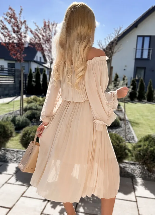 Cudowna plisowana sukienka MIDI w stylu hiszpanki BEŻOWA - N082A