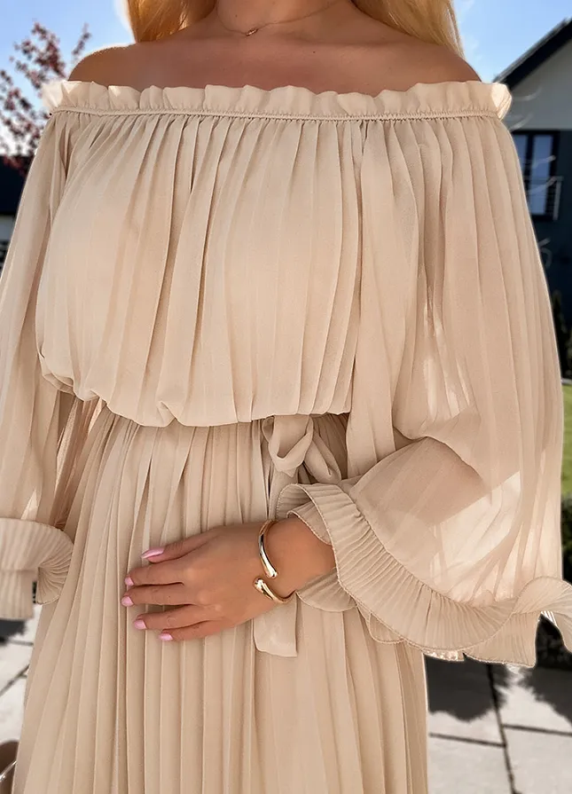 Cudowna plisowana sukienka MIDI w stylu hiszpanki BEŻOWA - N082A