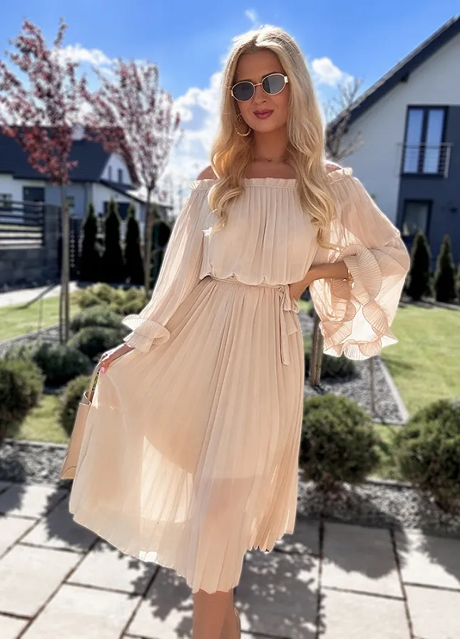 Cudowna plisowana sukienka MIDI w stylu hiszpanki BEŻOWA - N082A