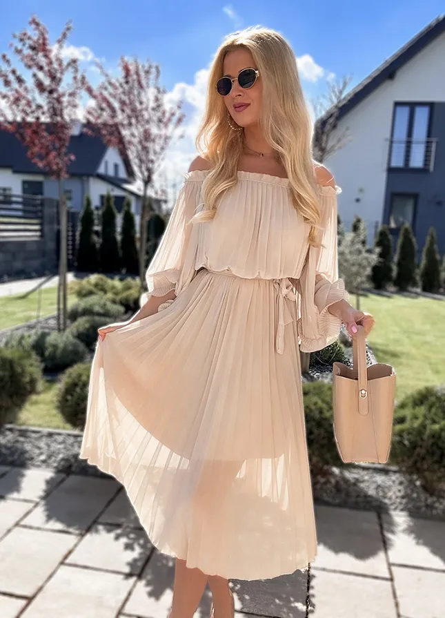 Cudowna plisowana sukienka MIDI w stylu hiszpanki BEŻOWA - N082A