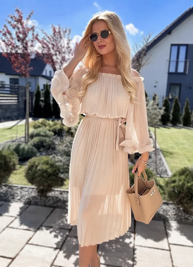 Cudowna plisowana sukienka MIDI w stylu hiszpanki BEŻOWA - N082A