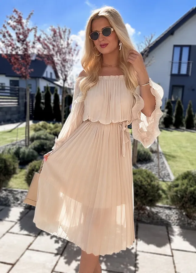 Cudowna plisowana sukienka MIDI w stylu hiszpanki BEŻOWA - N082A