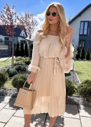 Cudowna plisowana sukienka MIDI w stylu hiszpanki BEŻOWA - N082A