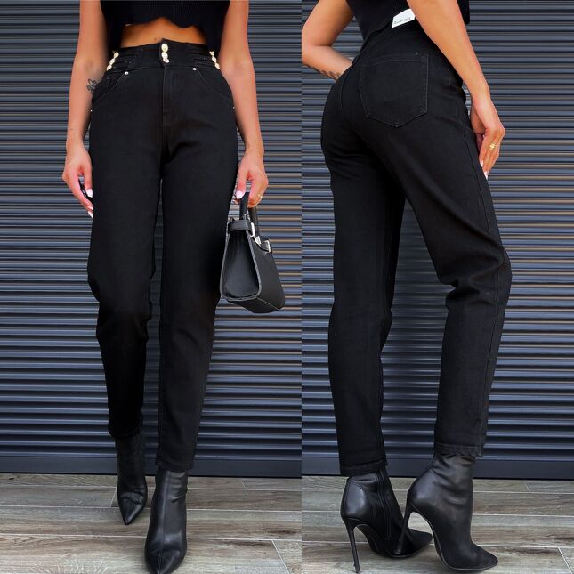Czarne elastyczne spodnie jeansowe MOM FIT z ozdobnym pasem - S277