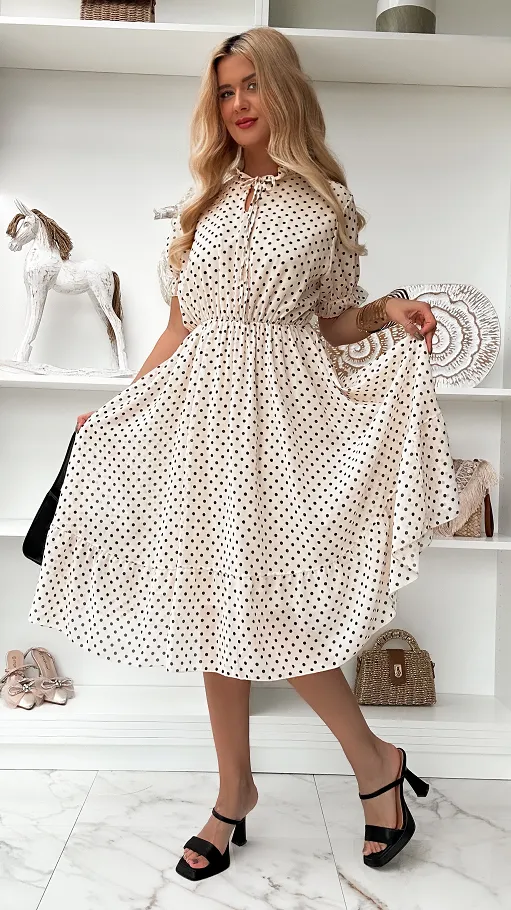 Jasno beżowa midi sukienka w grochy ONE SIZE - P852A