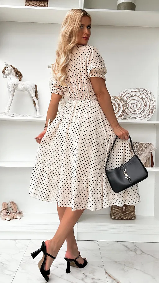 Jasno beżowa midi sukienka w grochy ONE SIZE - P852A