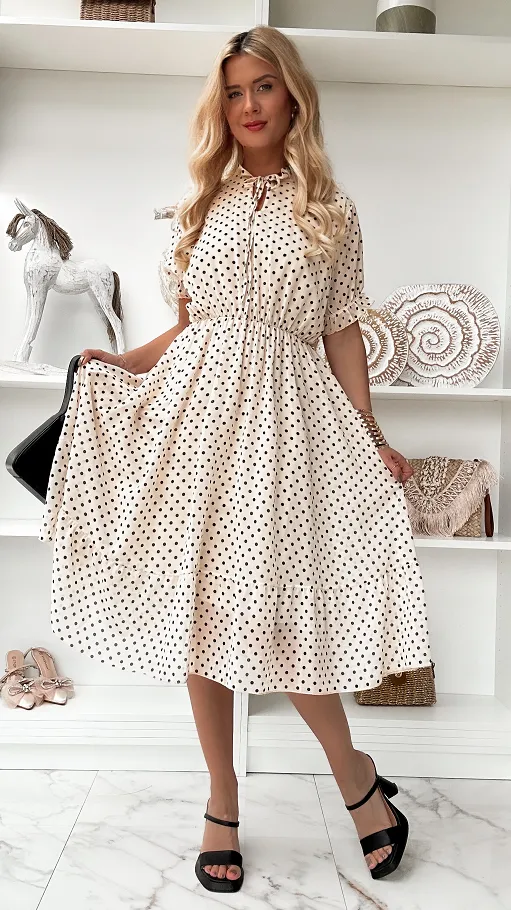 Jasno beżowa midi sukienka w grochy ONE SIZE - P852A