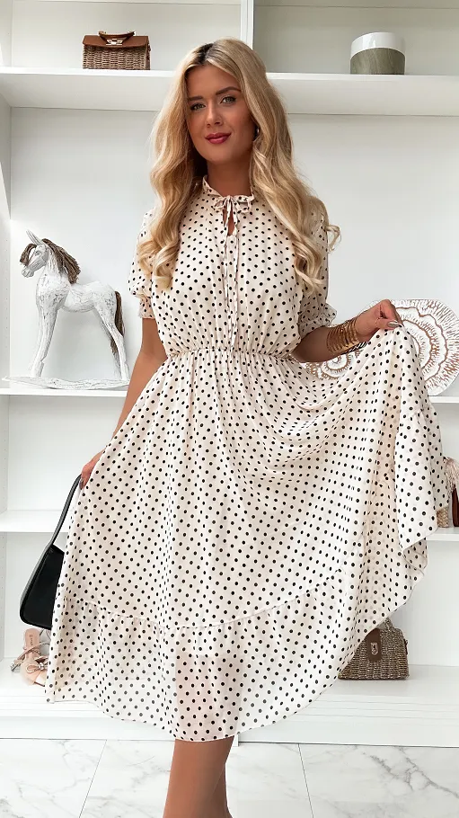 Jasno beżowa midi sukienka w grochy ONE SIZE - P852A