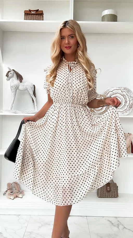 Jasno beżowa midi sukienka w grochy ONE SIZE - P852A