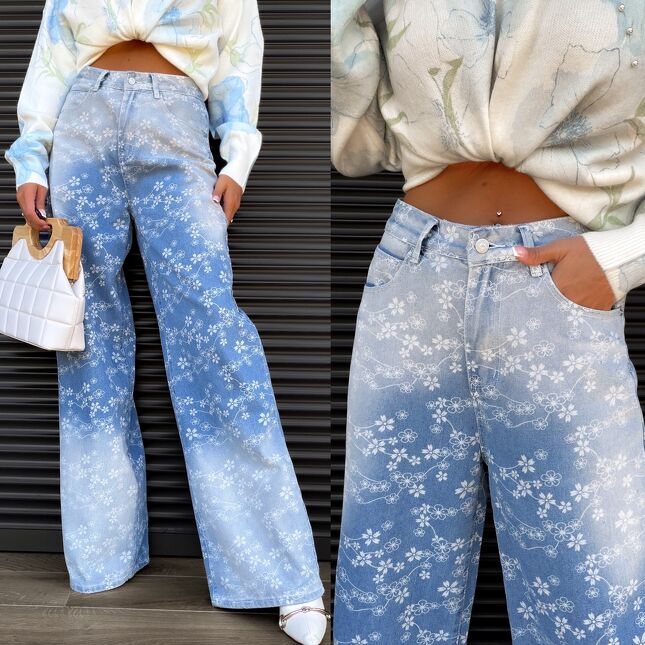 Wyjątkowe spodnie jeansowe w kwiatuszki BLUE JEANS - S466