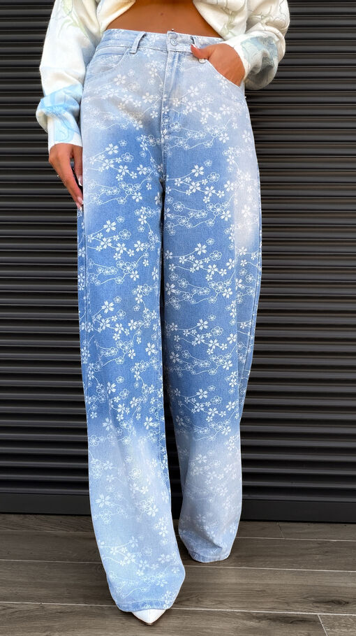 Wyjątkowe spodnie jeansowe w kwiatuszki BLUE JEANS - S466