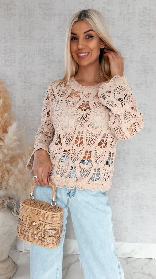Lekki ażurowy sweterek z wiskozy wzór łuski ONE SIZE beżowy - R910