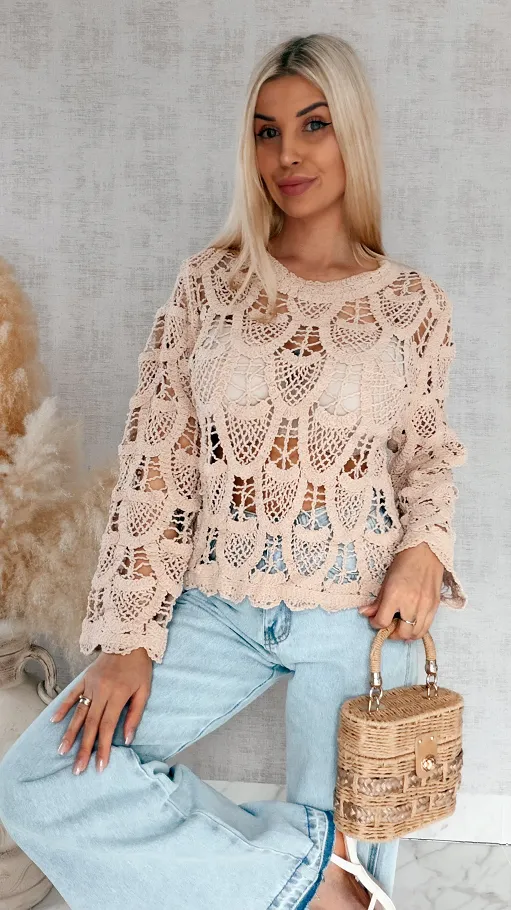 Lekki ażurowy sweterek z wiskozy wzór łuski ONE SIZE beżowy - R910