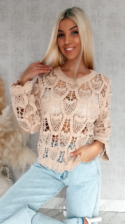 Lekki ażurowy sweterek z wiskozy wzór łuski ONE SIZE beżowy - R910