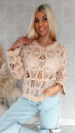 Lekki ażurowy sweterek z wiskozy wzór łuski ONE SIZE beżowy - R910