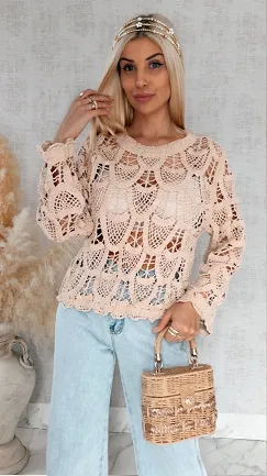 Lekki ażurowy sweterek z wiskozy wzór łuski ONE SIZE beżowy - R910