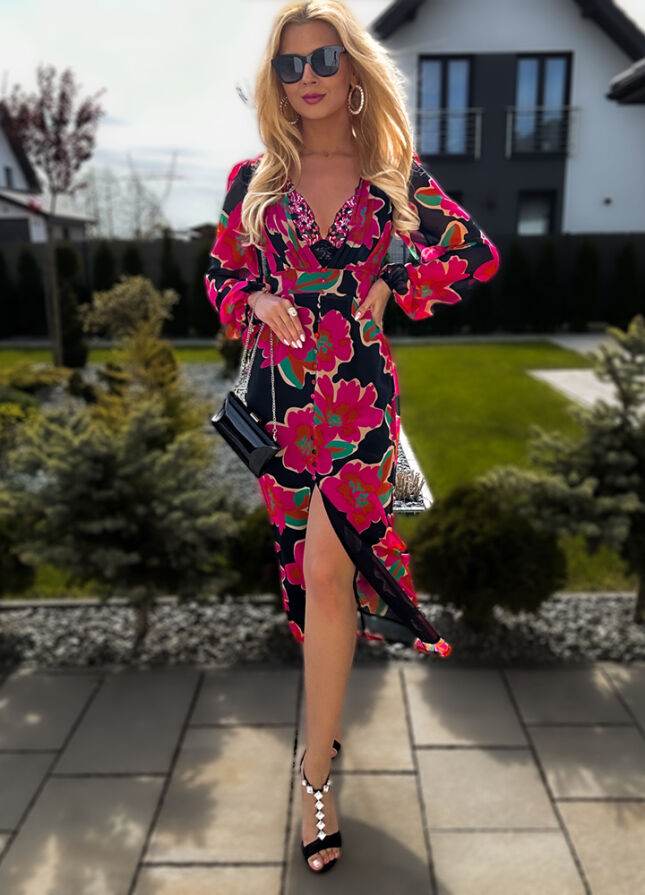 Seksowna MIDI sukienka z rozcięciem CZARNA - L450A