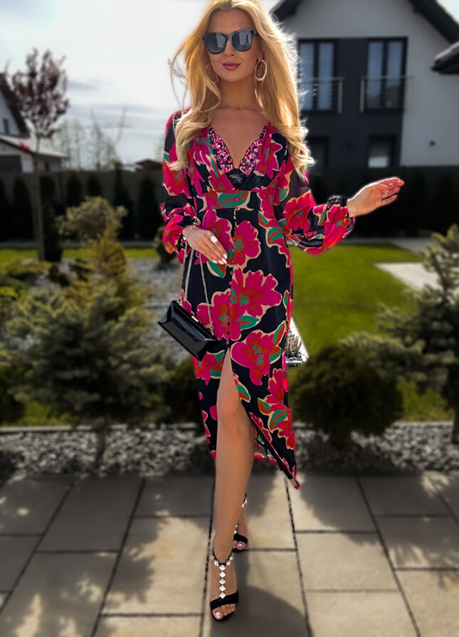 Seksowna MIDI sukienka z rozcięciem CZARNA - L450A