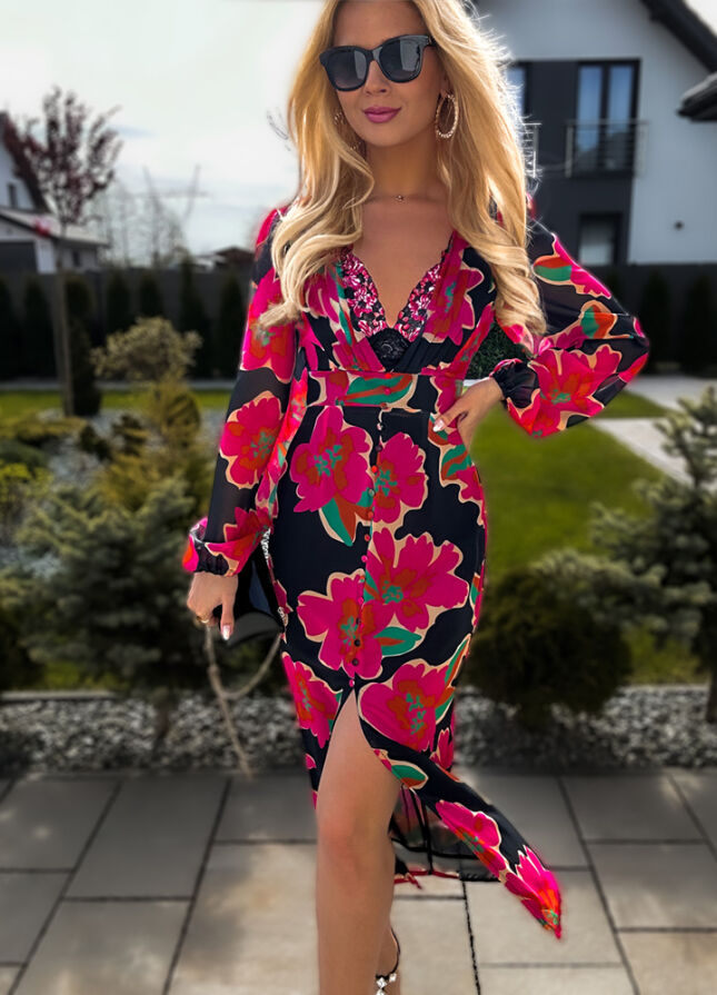 Seksowna MIDI sukienka z rozcięciem CZARNA - L450A