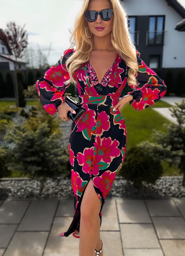 Seksowna MIDI sukienka z rozcięciem CZARNA - L450A