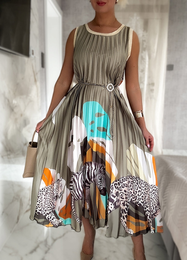 Plisowana MAXI sukienka na ramiączkach SAFARI khaki - N038