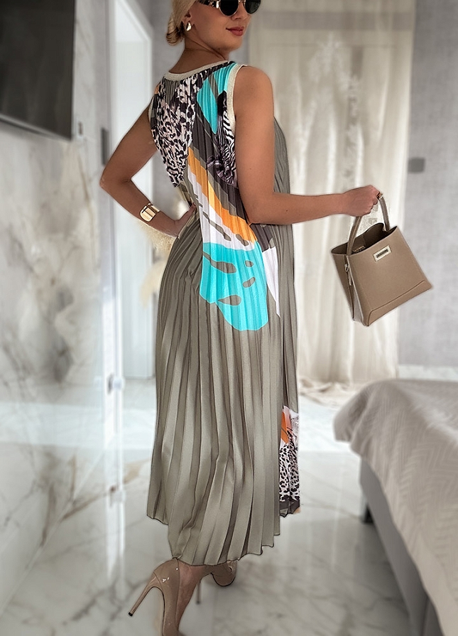 Plisowana MAXI sukienka na ramiączkach SAFARI khaki - N038