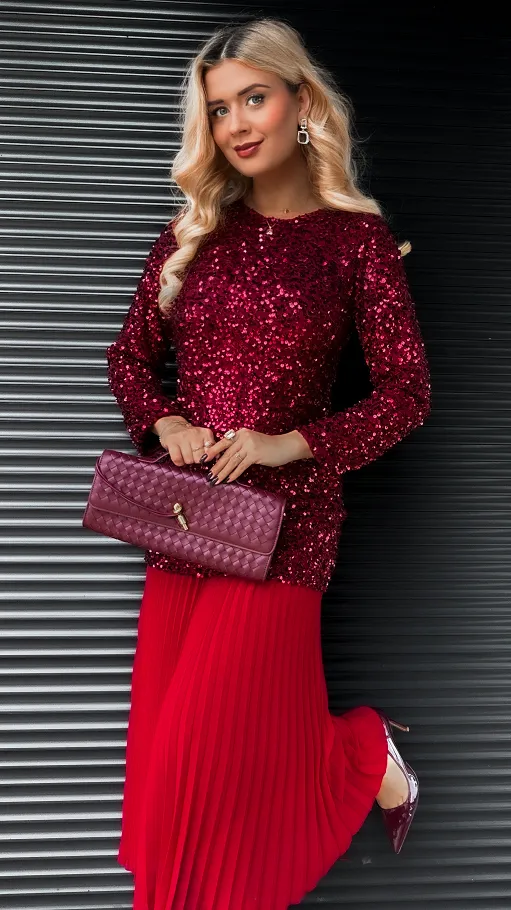 Długa sukienka warstwowa w cekiny z plisowaniem ONE SIZE bordowa - R408