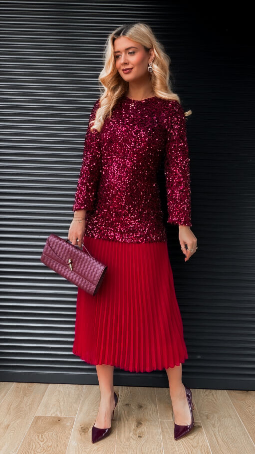 Długa sukienka warstwowa w cekiny z plisowaniem ONE SIZE bordowa - R408