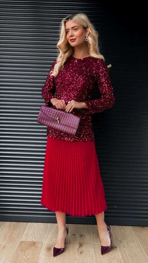 Długa sukienka warstwowa w cekiny z plisowaniem ONE SIZE bordowa - R408