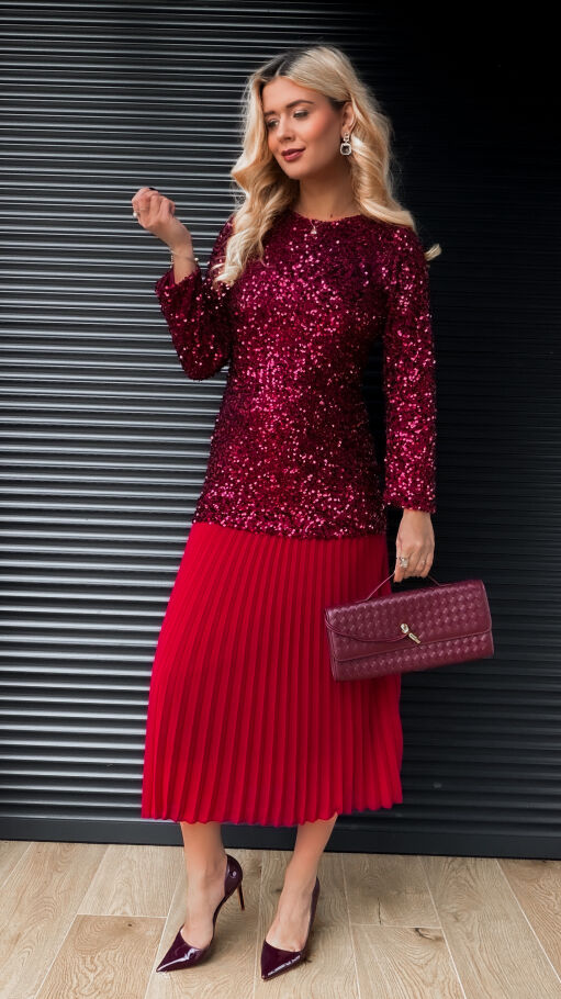 Długa sukienka warstwowa w cekiny z plisowaniem ONE SIZE bordowa - R408