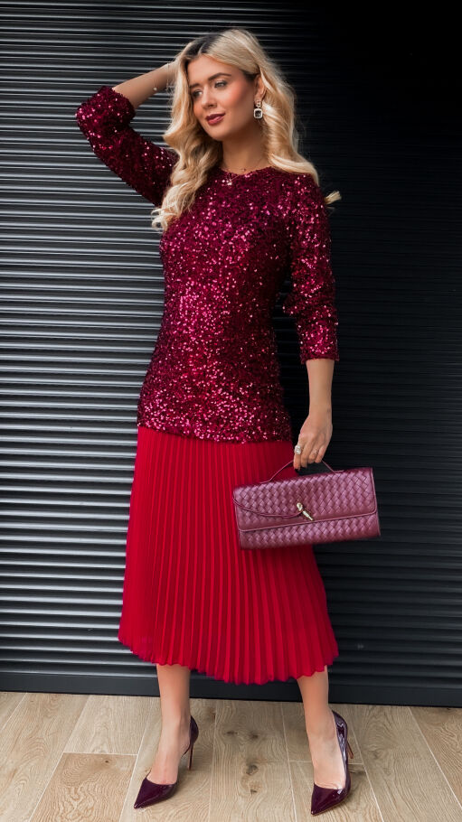 Długa sukienka warstwowa w cekiny z plisowaniem ONE SIZE bordowa - R408