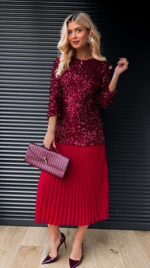 Długa sukienka warstwowa w cekiny z plisowaniem ONE SIZE bordowa - R408