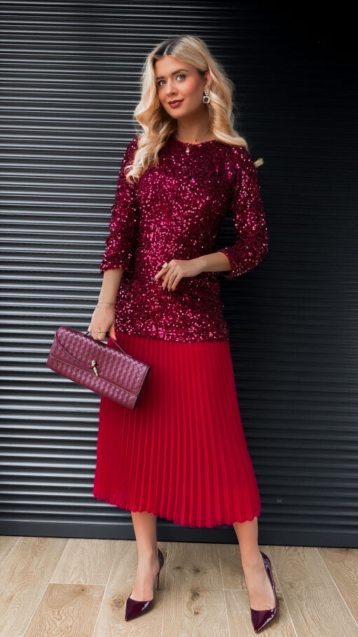 Długa sukienka warstwowa w cekiny z plisowaniem ONE SIZE bordowa - R408