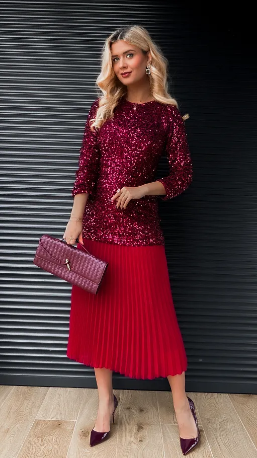 Długa sukienka warstwowa w cekiny z plisowaniem ONE SIZE bordowa - R408