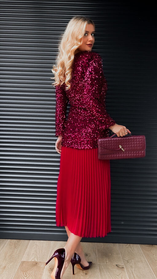 Długa sukienka warstwowa w cekiny z plisowaniem ONE SIZE bordowa - R408