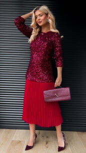 Długa sukienka warstwowa w cekiny z plisowaniem ONE SIZE bordowa - R408