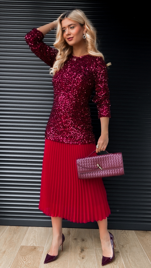 Długa sukienka warstwowa w cekiny z plisowaniem ONE SIZE bordowa - R408