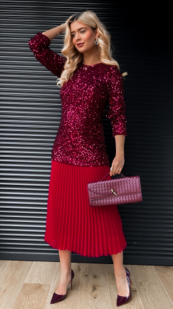 Długa sukienka warstwowa w cekiny z plisowaniem ONE SIZE bordowa - R408