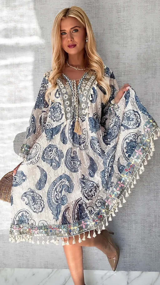 Atrakcyjna BOHO sukienka w niebieskie wzory ONE SIZE - P682