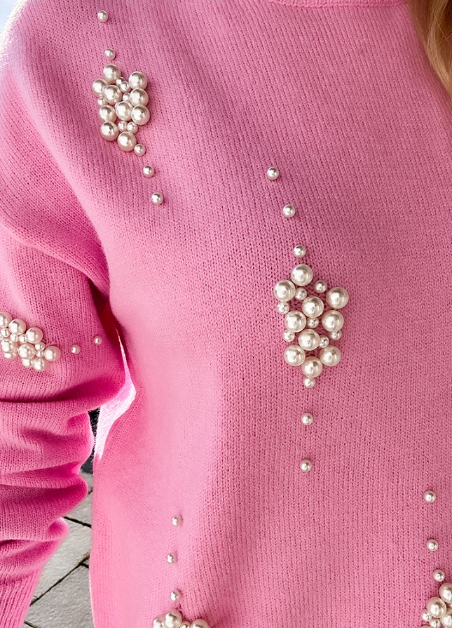 Wyjątkowy RÓŻOWY sweter zdobiony PEREŁKAMI pink - M767