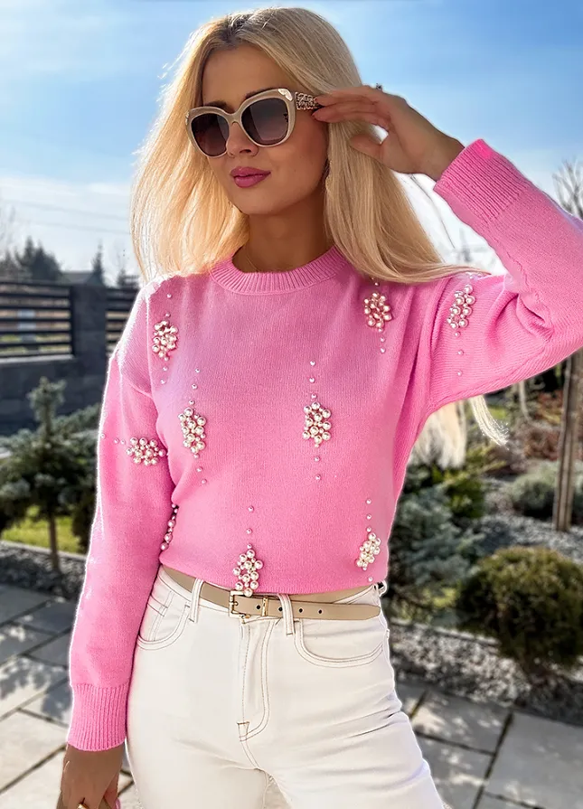 Wyjątkowy RÓŻOWY sweter zdobiony PEREŁKAMI pink - M767