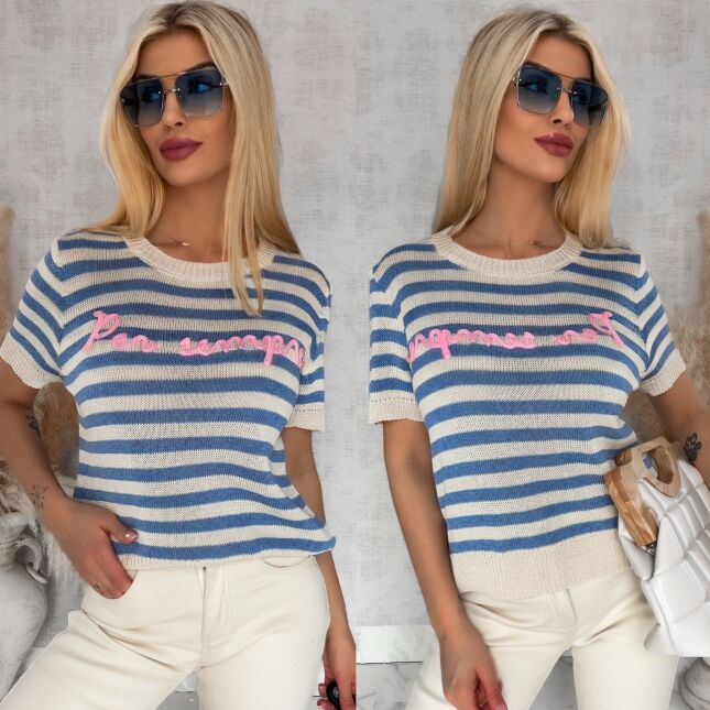 Oryginalny sweter z krótkim rękawem w niebieskie paski ONE SIZE - R847