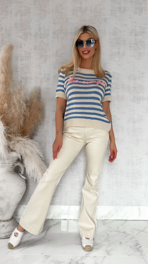 Oryginalny sweter z krótkim rękawem w niebieskie paski ONE SIZE - R847