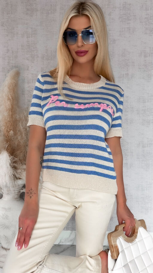 Oryginalny sweter z krótkim rękawem w niebieskie paski ONE SIZE - R847